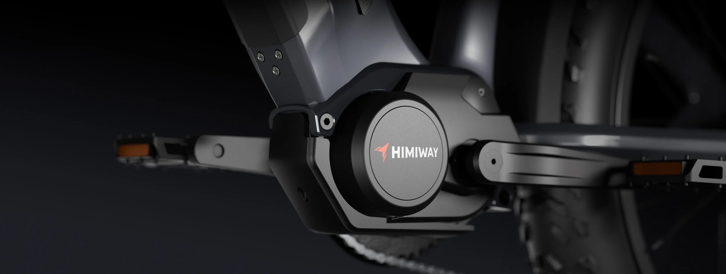 Close-up of a motorcycle with 'HIMWAY' branding on a dark background