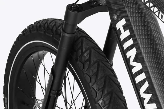 Close-up of a black bicycle with 'HIMIWI' branding on a light gray background
