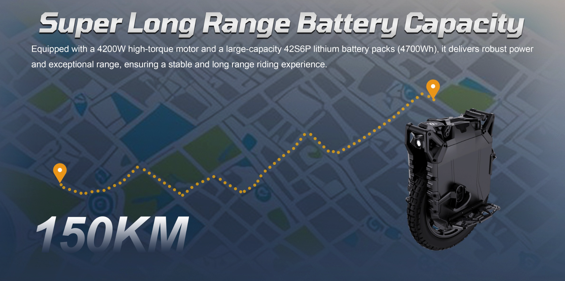 Electric vehicle battery pack with map and battery range indicator on a blue background
