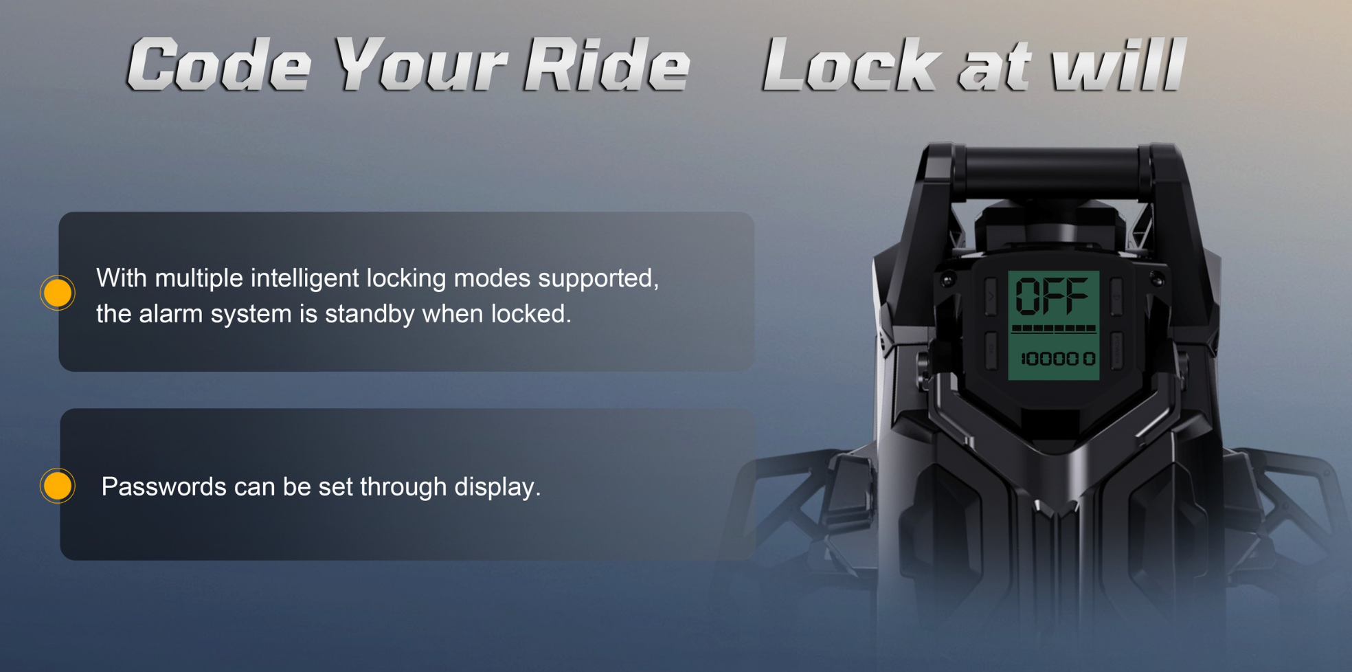 Digital lock system with display and text about intelligent locking modes and password setting.