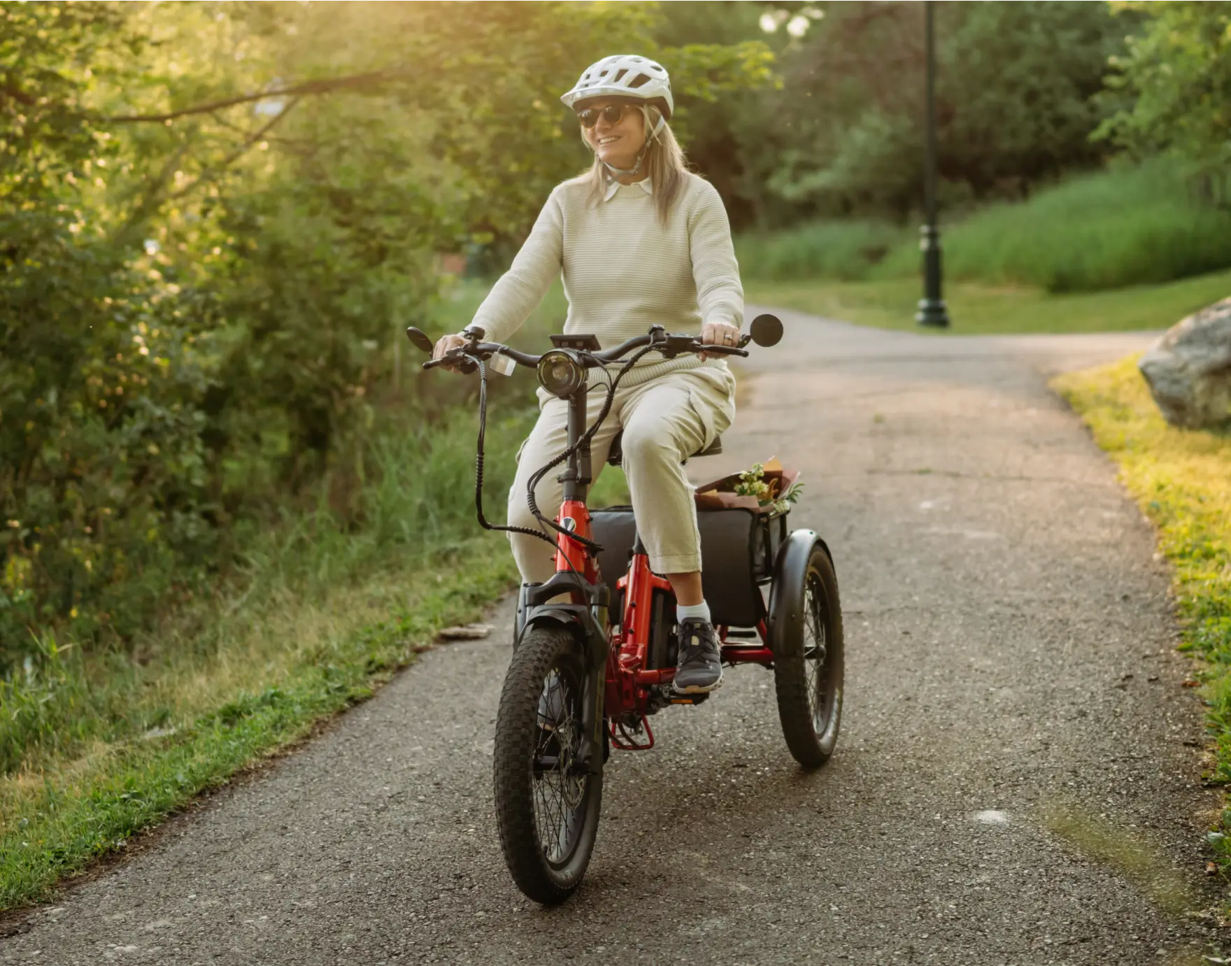 Person riding a cargo bike with a child in a park