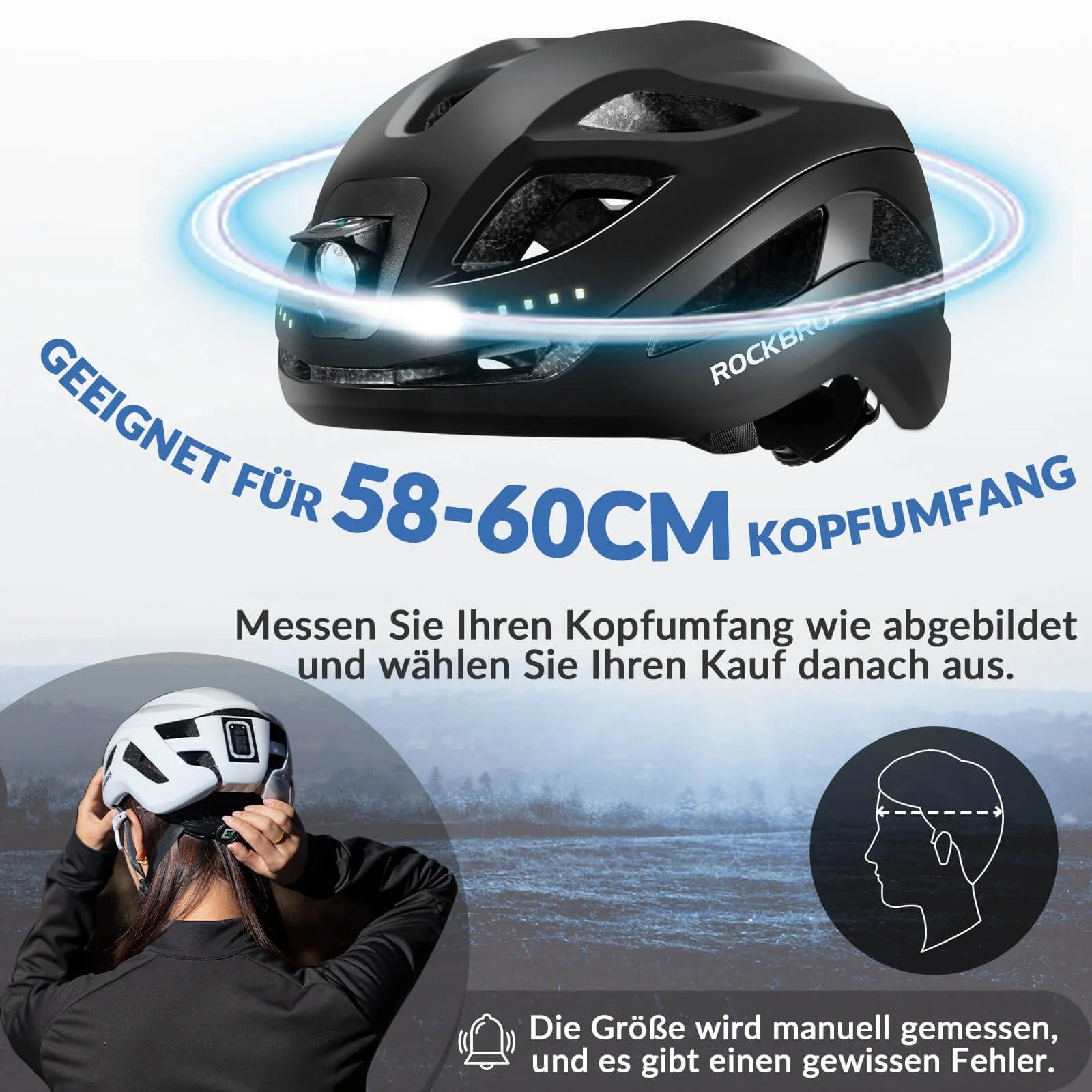 Black helmet with measurement guide for head size on a white background