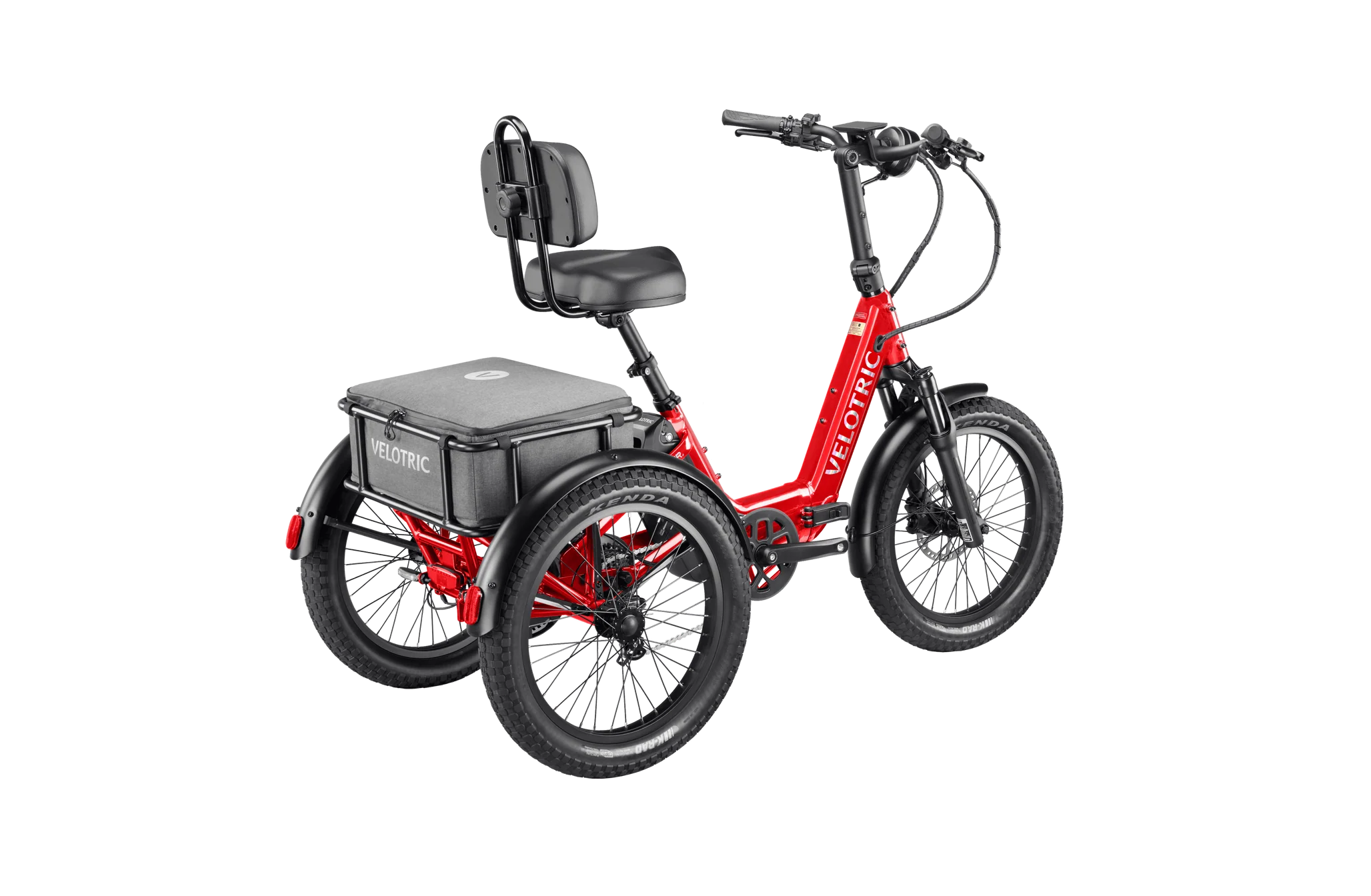 Red electric tricycle with a seat and storage box on a white background