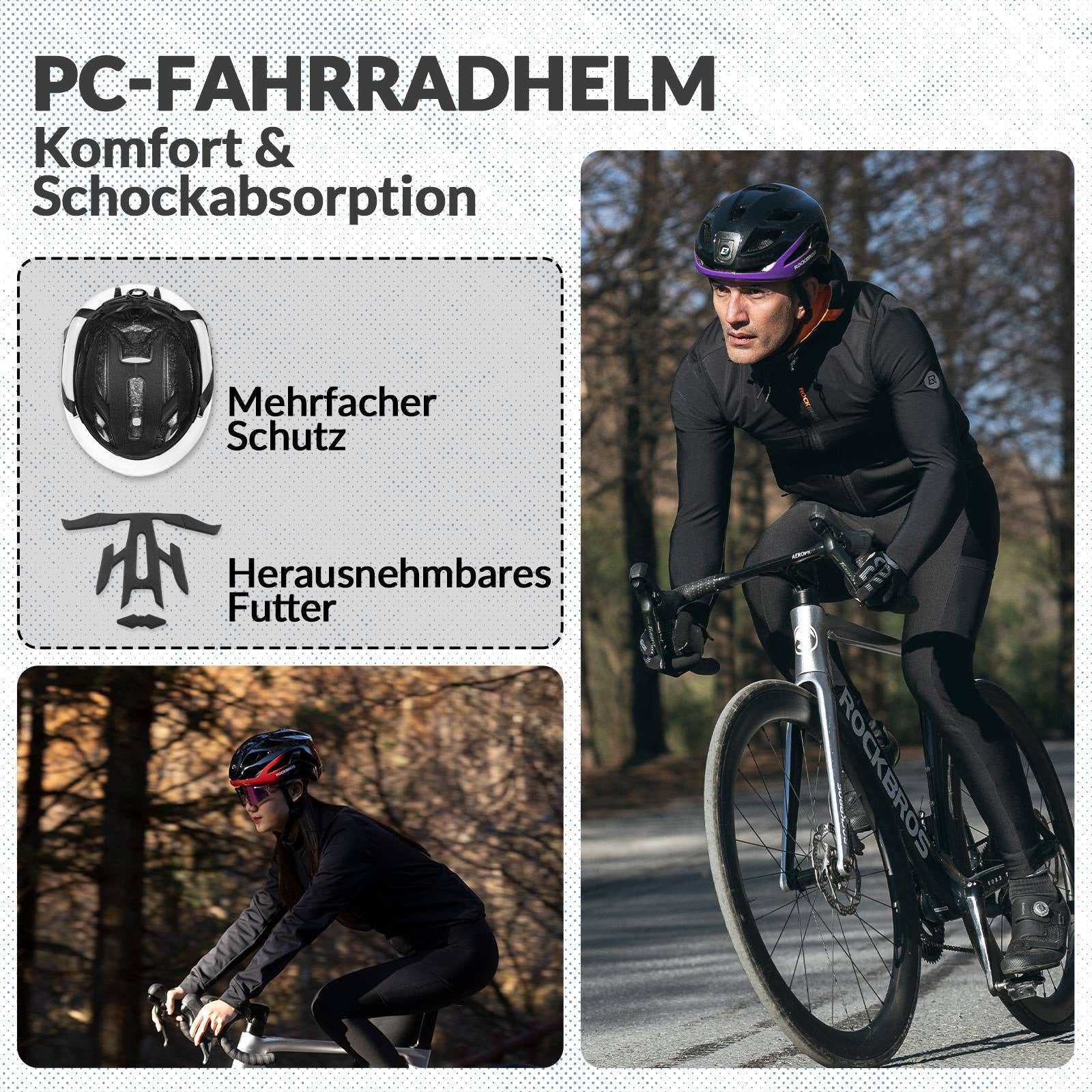 Person riding a bicycle wearing a helmet with text about comfort and shock absorption.