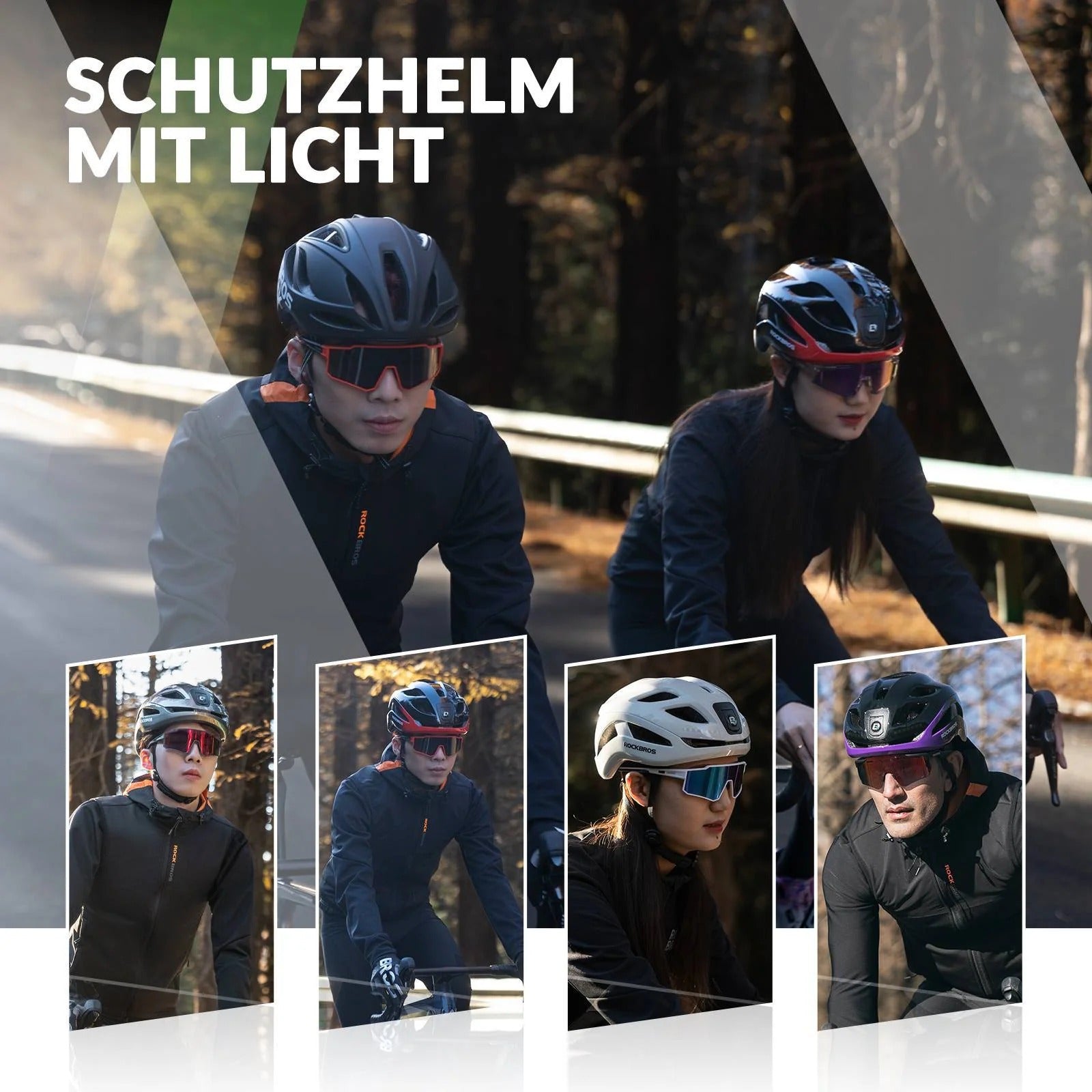 Person wearing a helmet with light feature in various poses outdoors.