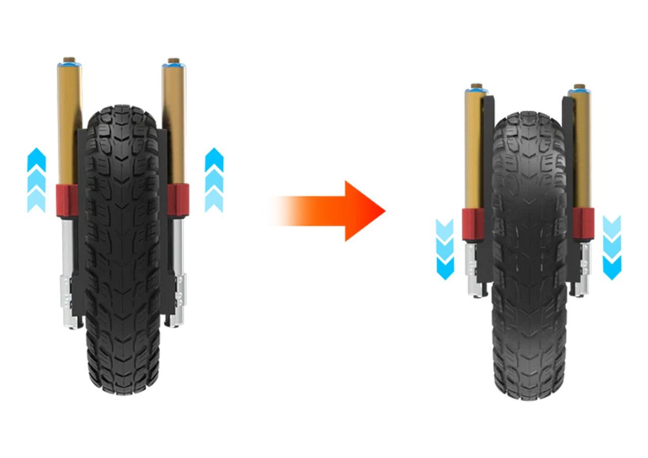 Illustration of a scooter wheel with suspension mechanism showing movement.