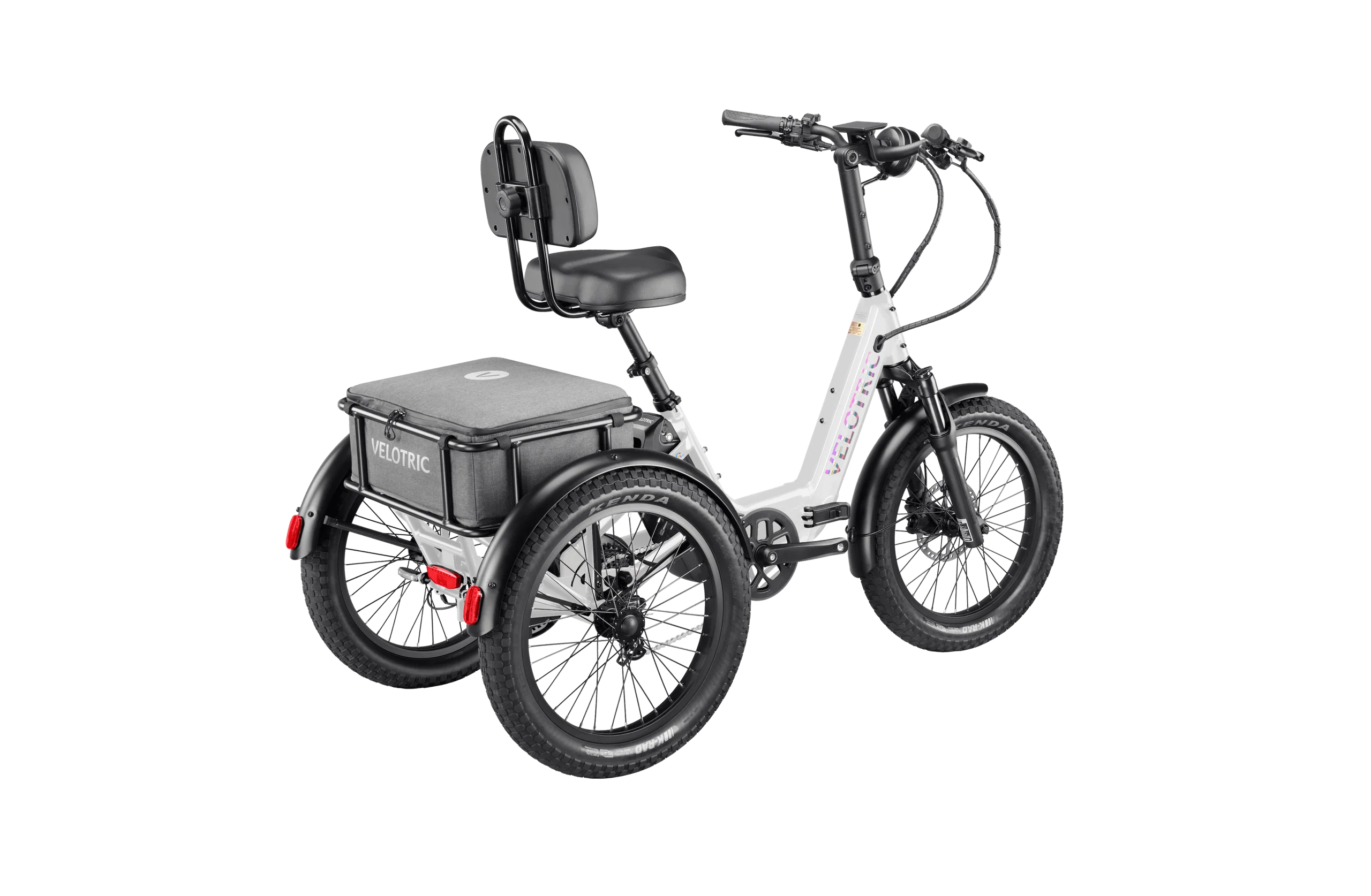 White tricycle with a seat and storage box on a white background