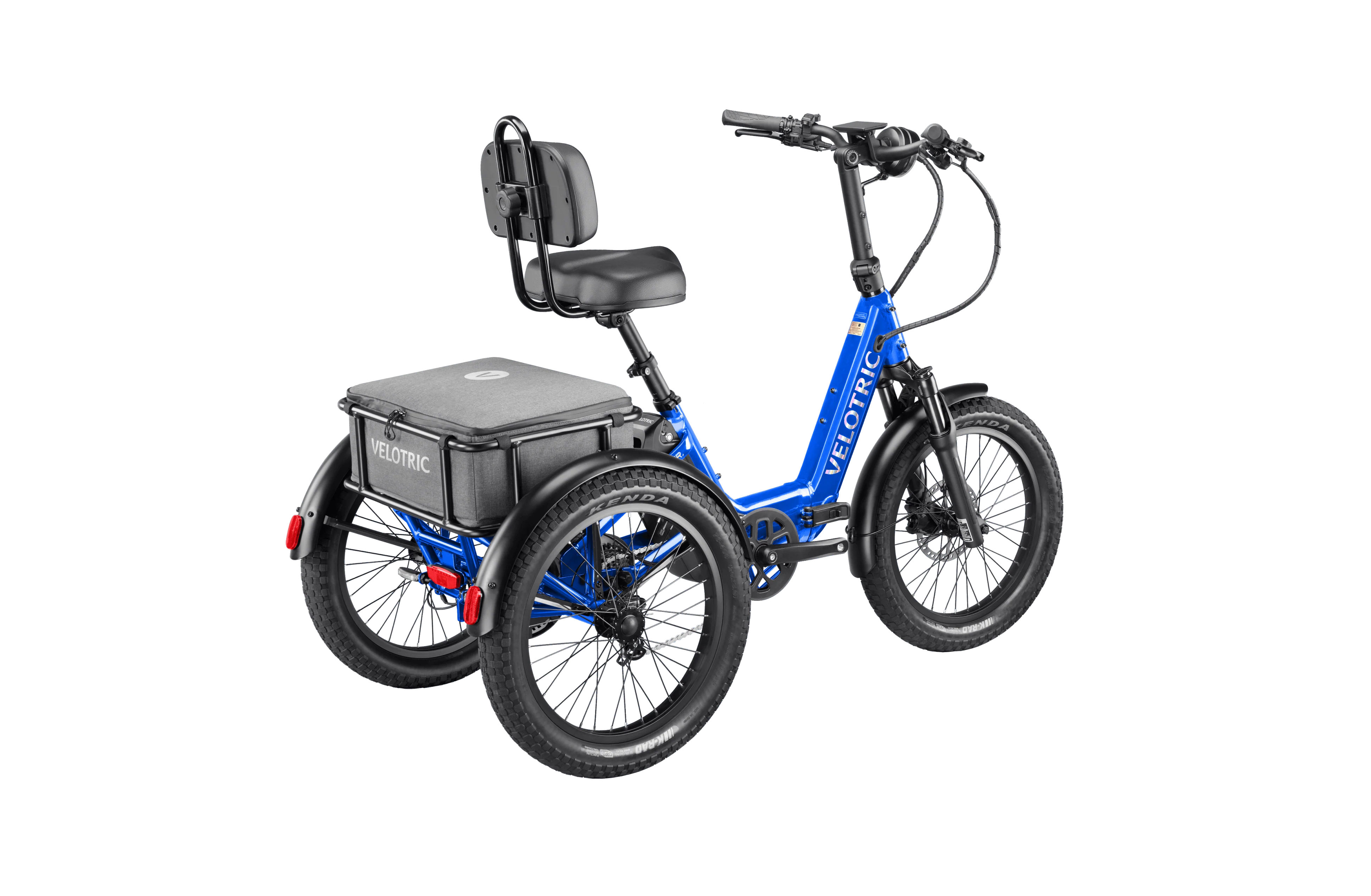 Blue tricycle with a seat and storage box on a white background