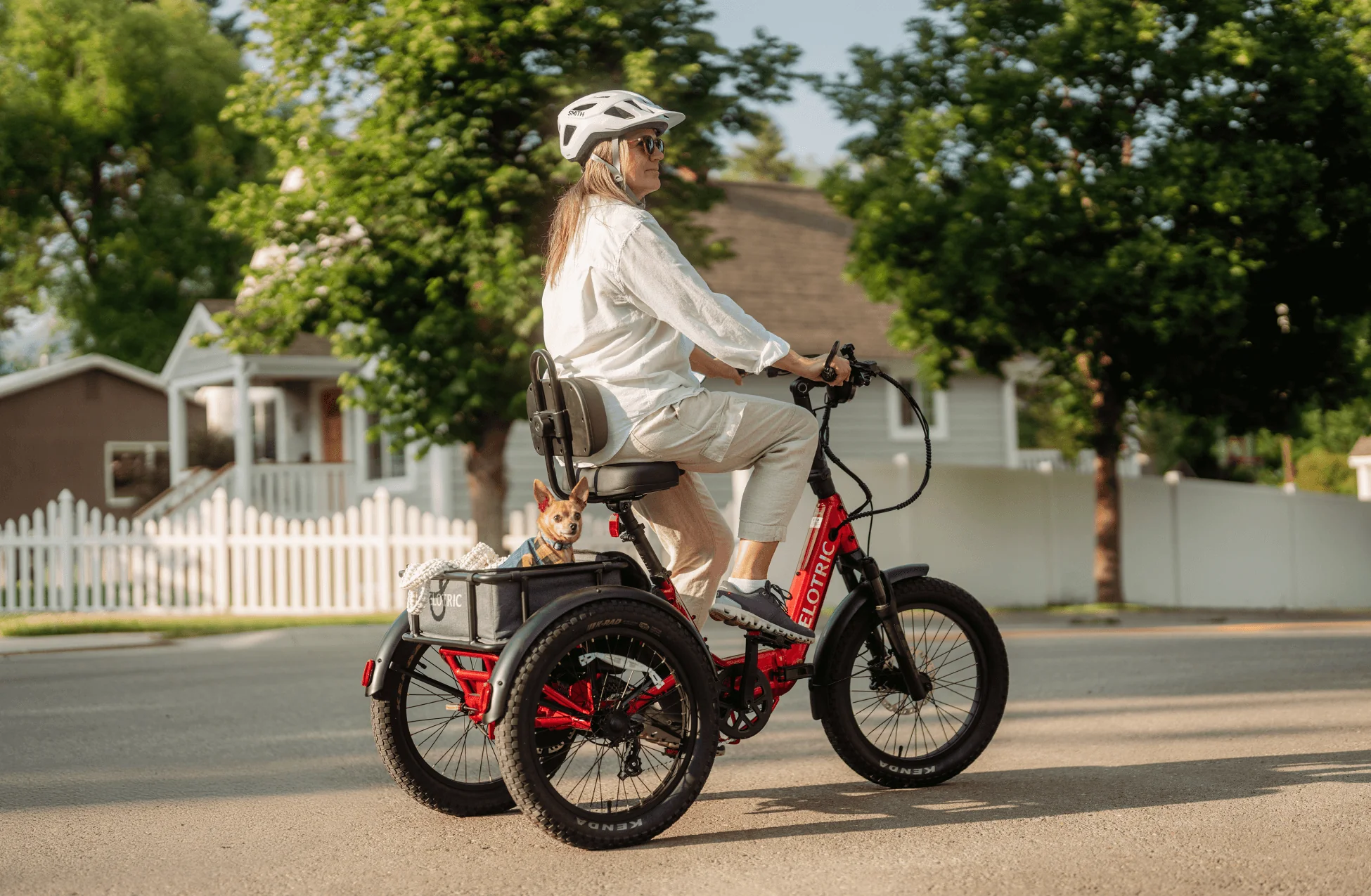 Person riding a red electric tricycle with a dog in a cart on a suburban street.