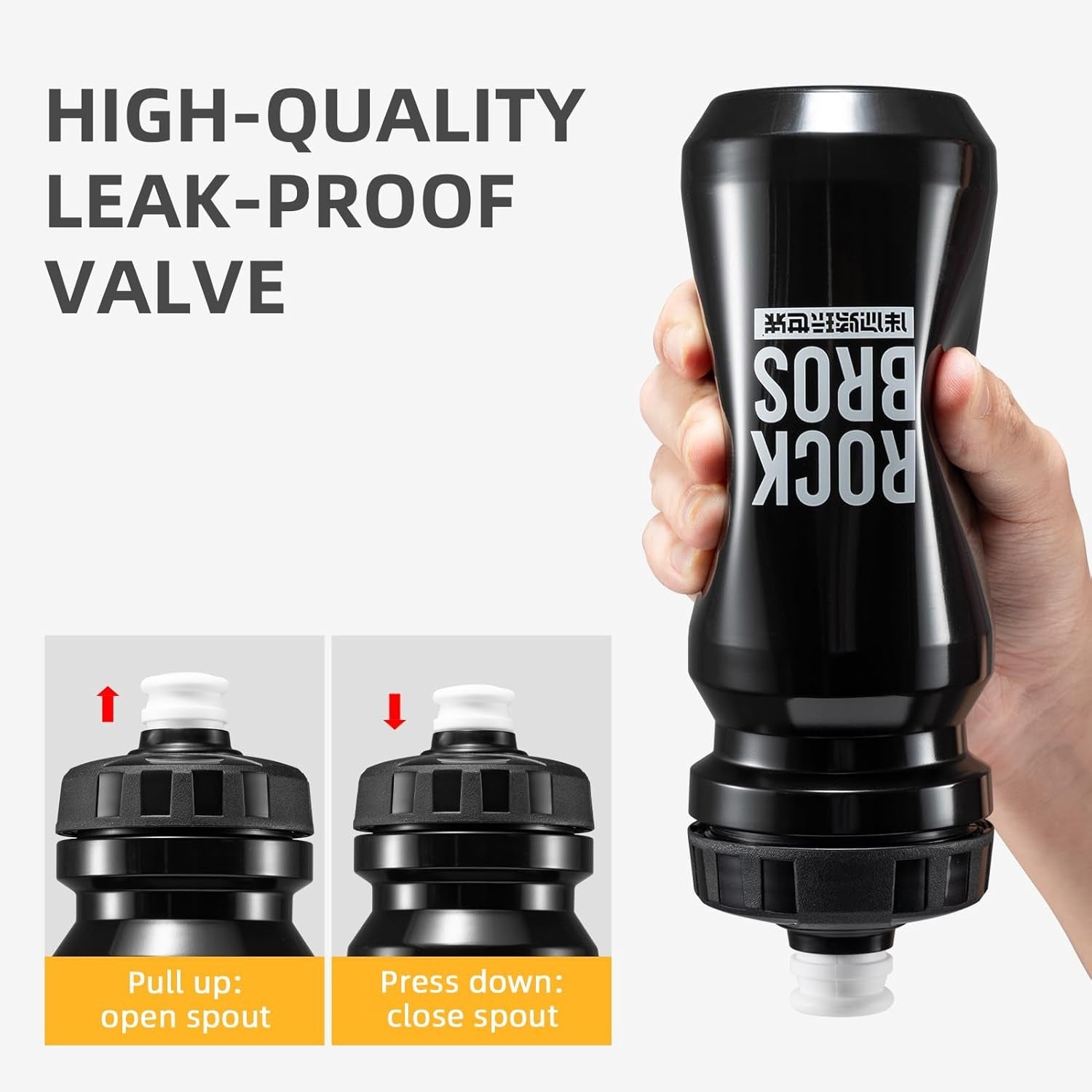 Black water bottle with leak-proof valve held by a hand, featuring 'Bros Rock' branding.
