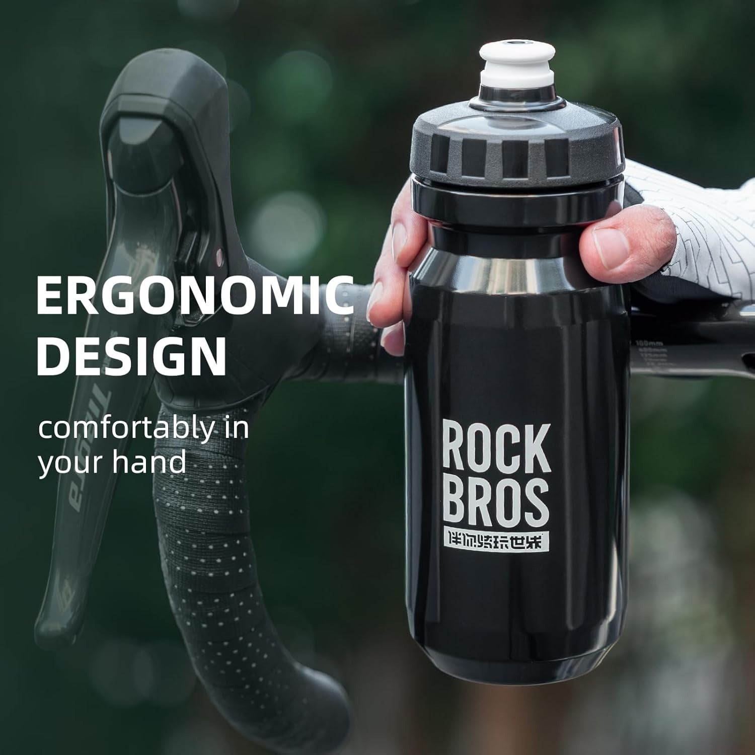 Person holding a black water bottle with 'Rock Bros' branding, with text about ergonomic design.