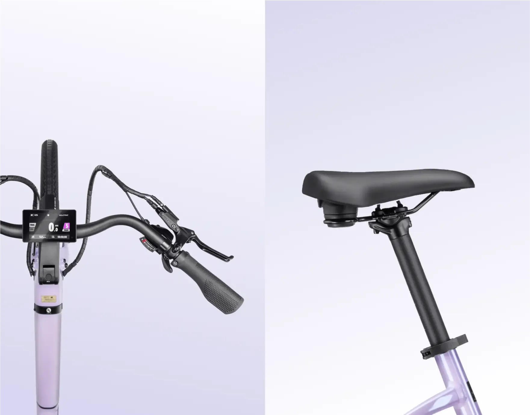 Close-up of a bicycle handlebar and seat on a light purple background