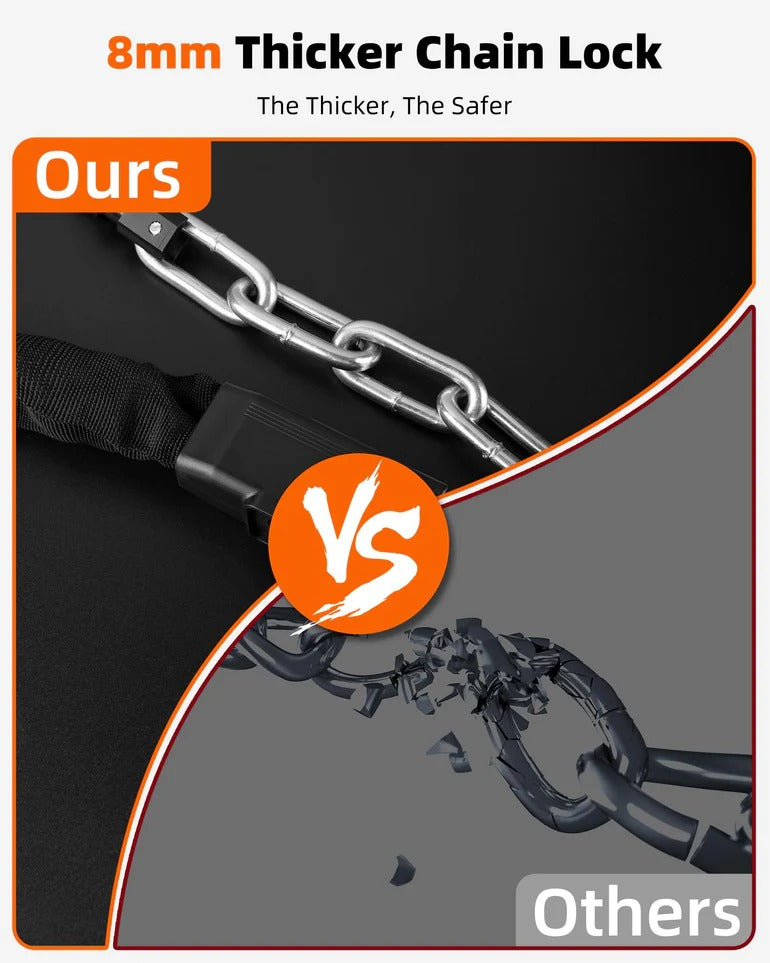 8mm thicker chain lock comparison with 'Ours' and 'Others' chains on a black background.