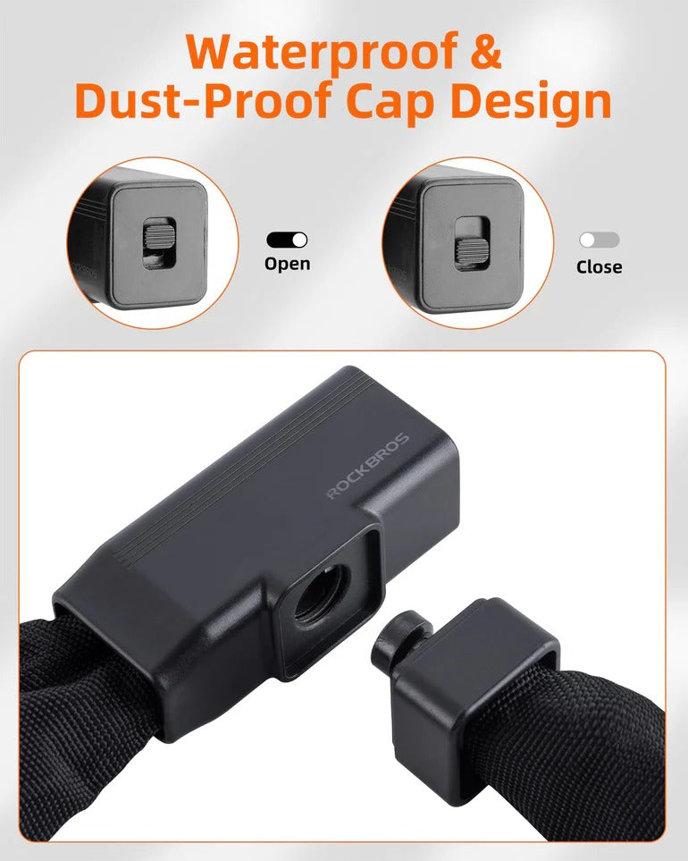Black waterproof and dust-proof cap design with open and close illustration on a gray background.