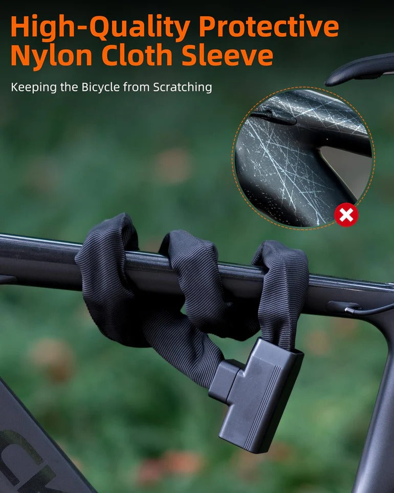 High-quality protective nylon cloth sleeve on a bicycle handlebar with a blurred green background.