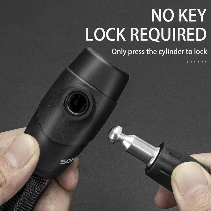 Black lock mechanism with text 'NO KEY LOCK REQUIRED' on a dark background