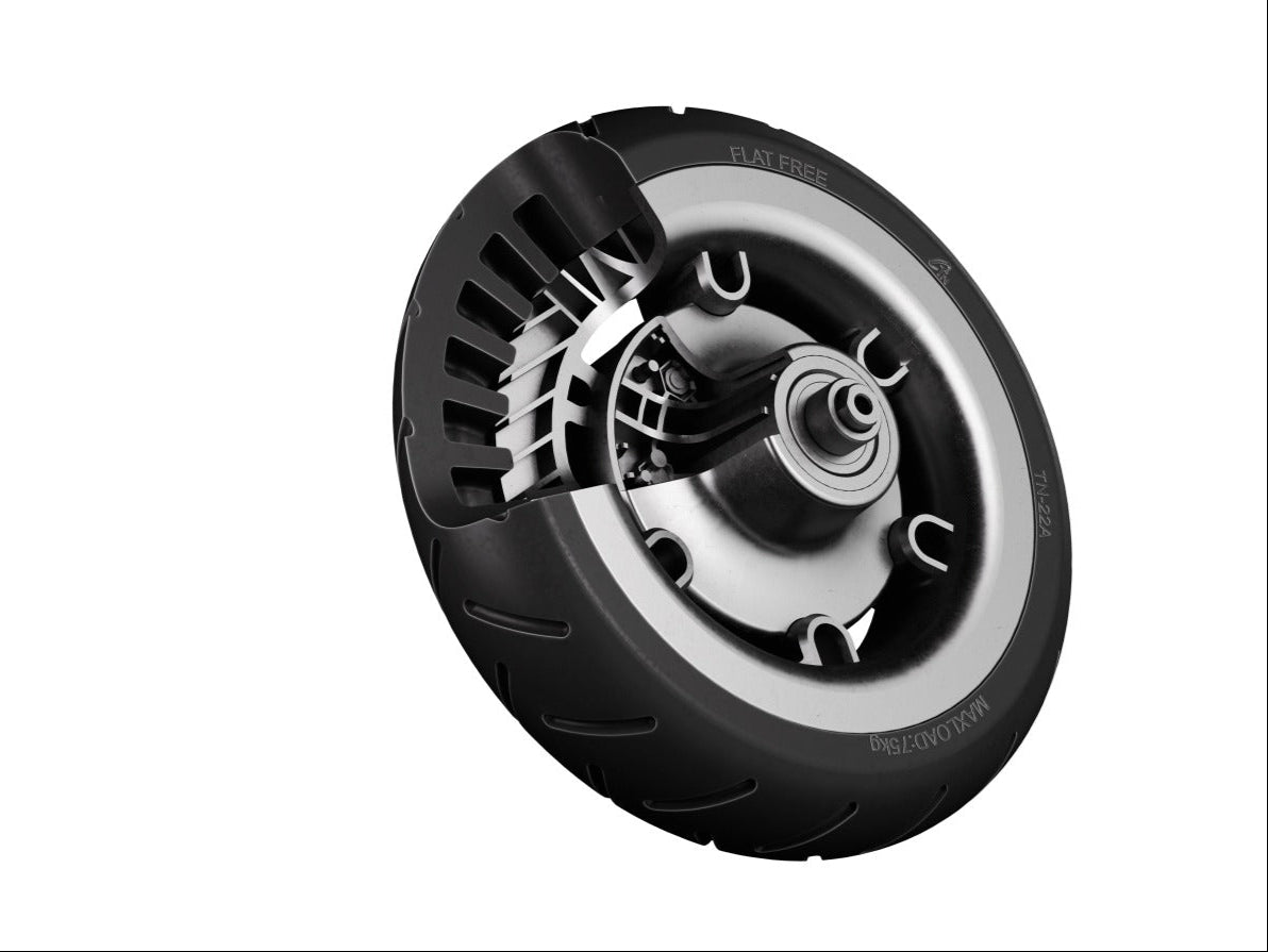 Black scooter wheel with silver hub on a white background