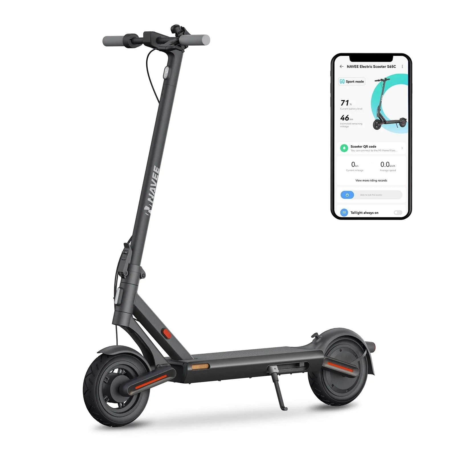 Electric scooter with smartphone displaying app interface on a white background