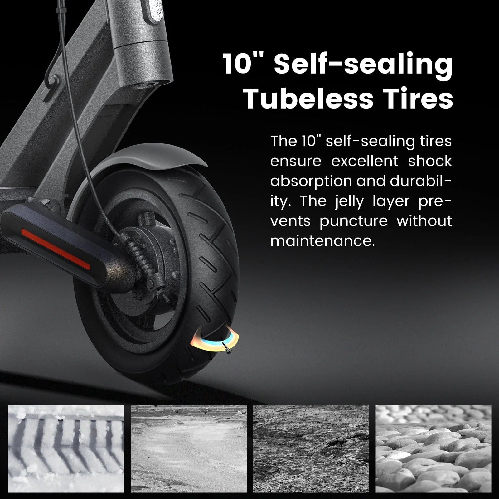 Close-up of a scooter wheel with self-sealing tubeless tires on a black background, featuring text about tire features.