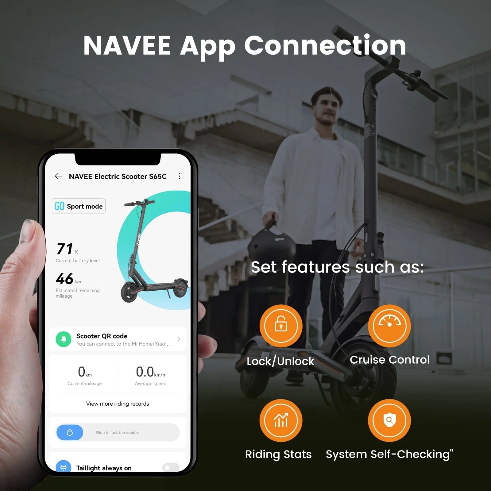 Smartphone displaying NAVEEV app on electric scooter with features listed