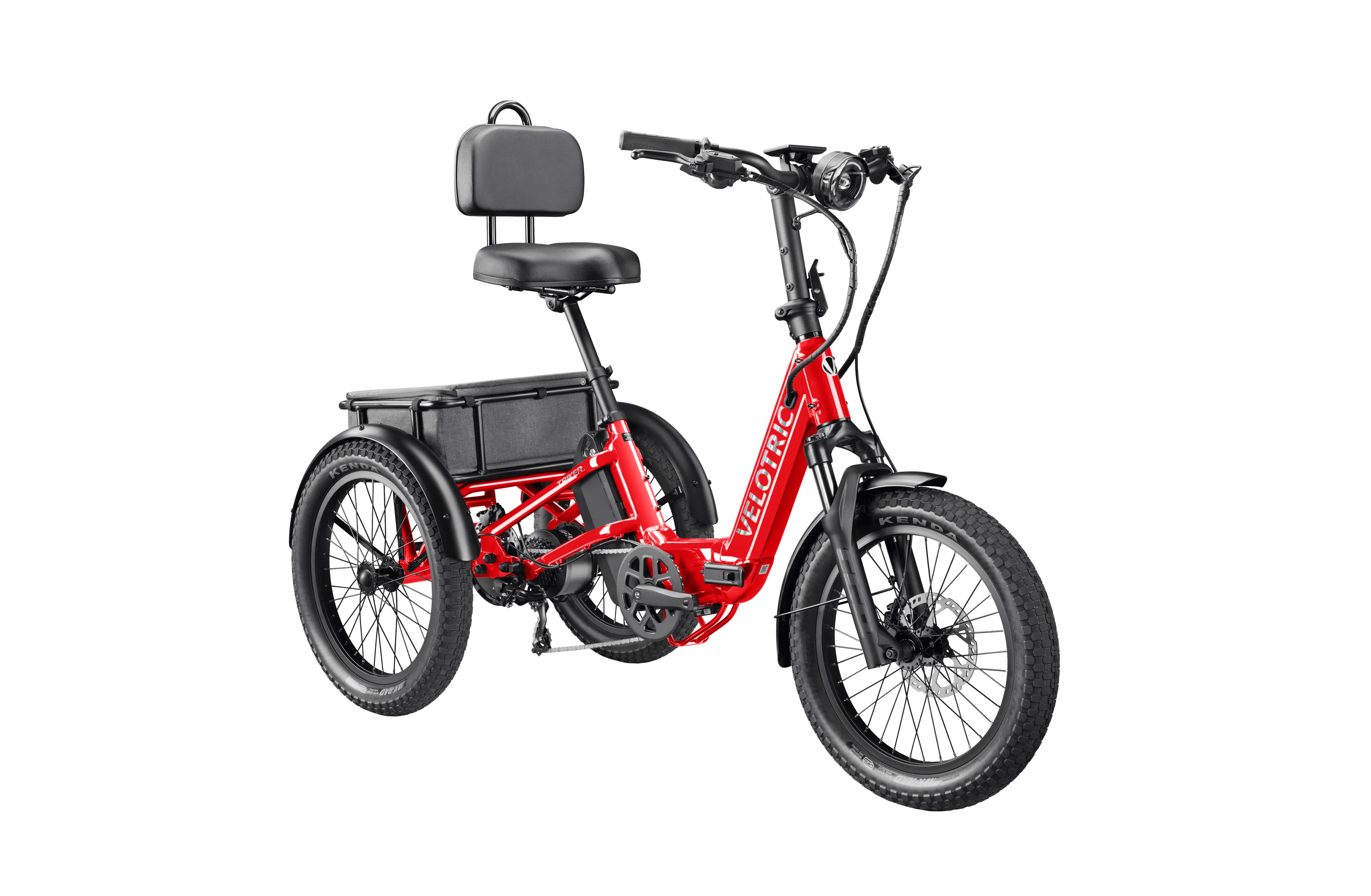 Red electric tricycle with a seat on a white background