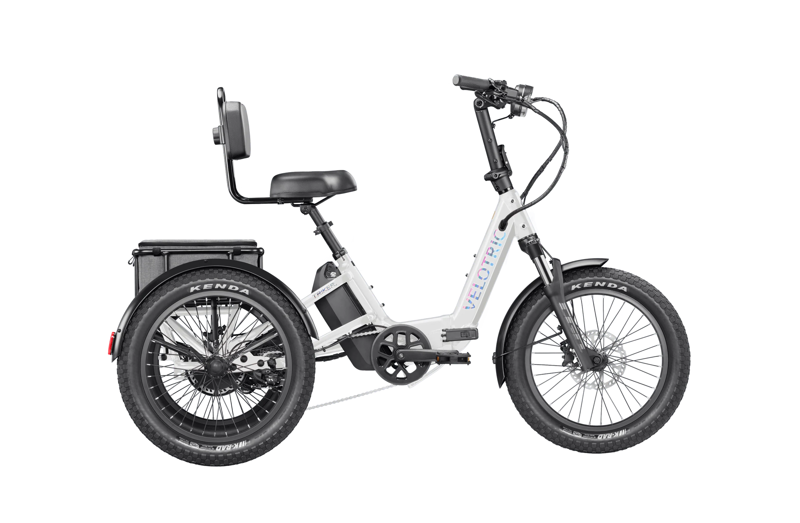 White electric tricycle with a seat on a white background