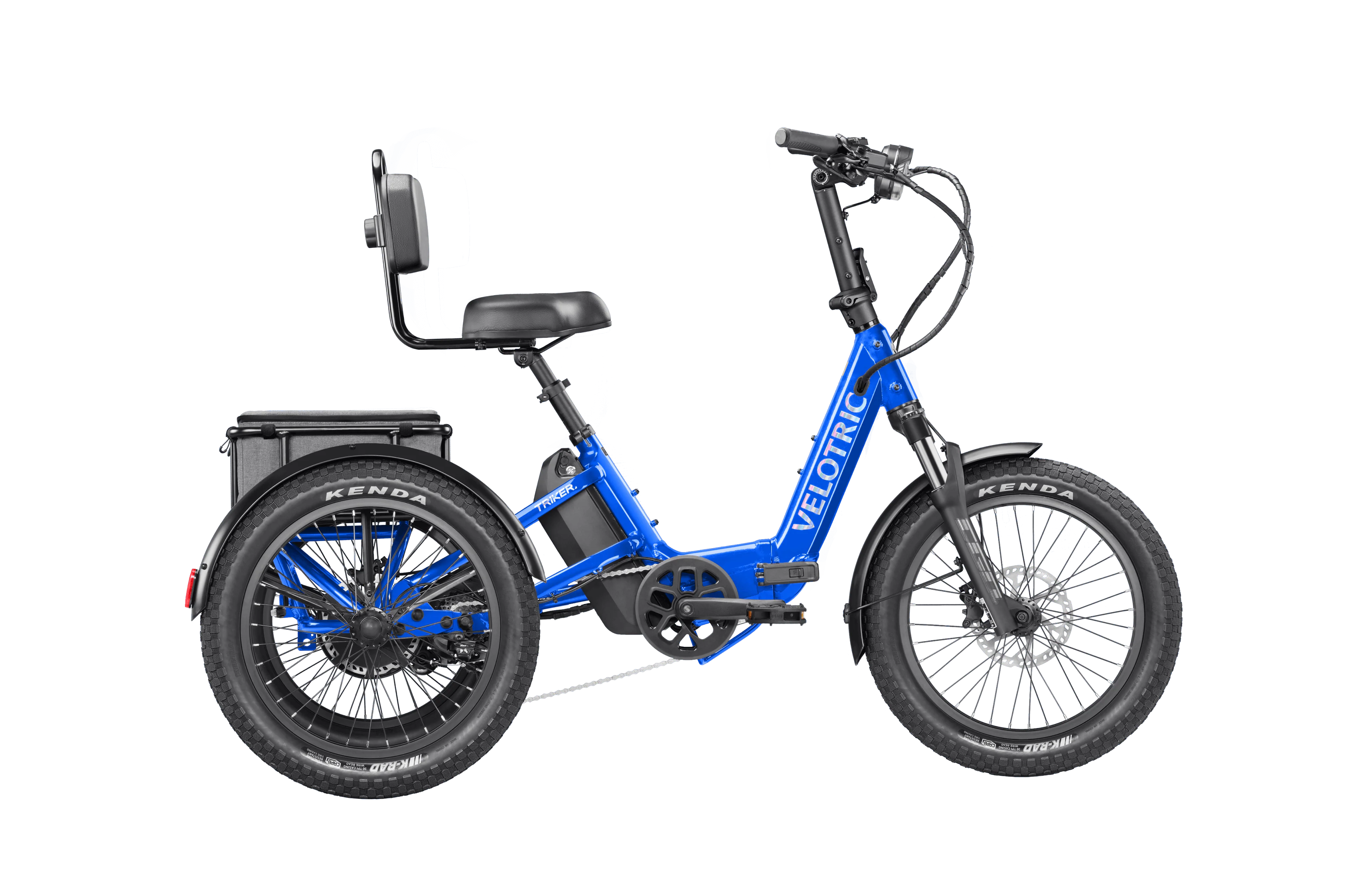 Blue electric tricycle with a seat on a white background