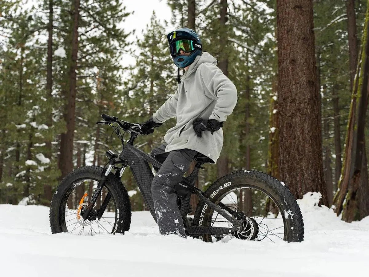 Person with a snow bike in a snowy forest