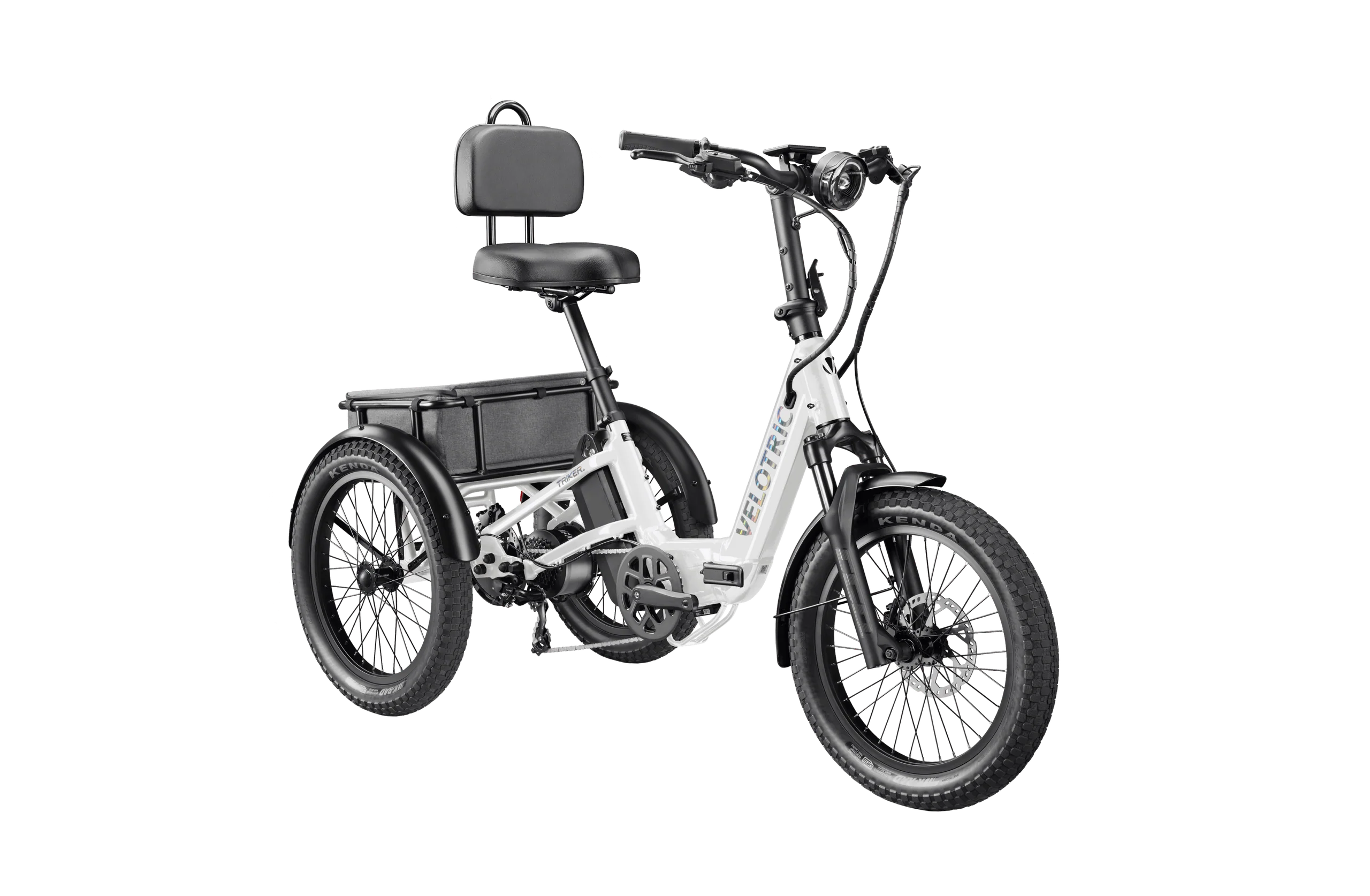 White electric tricycle with a seat on a white background