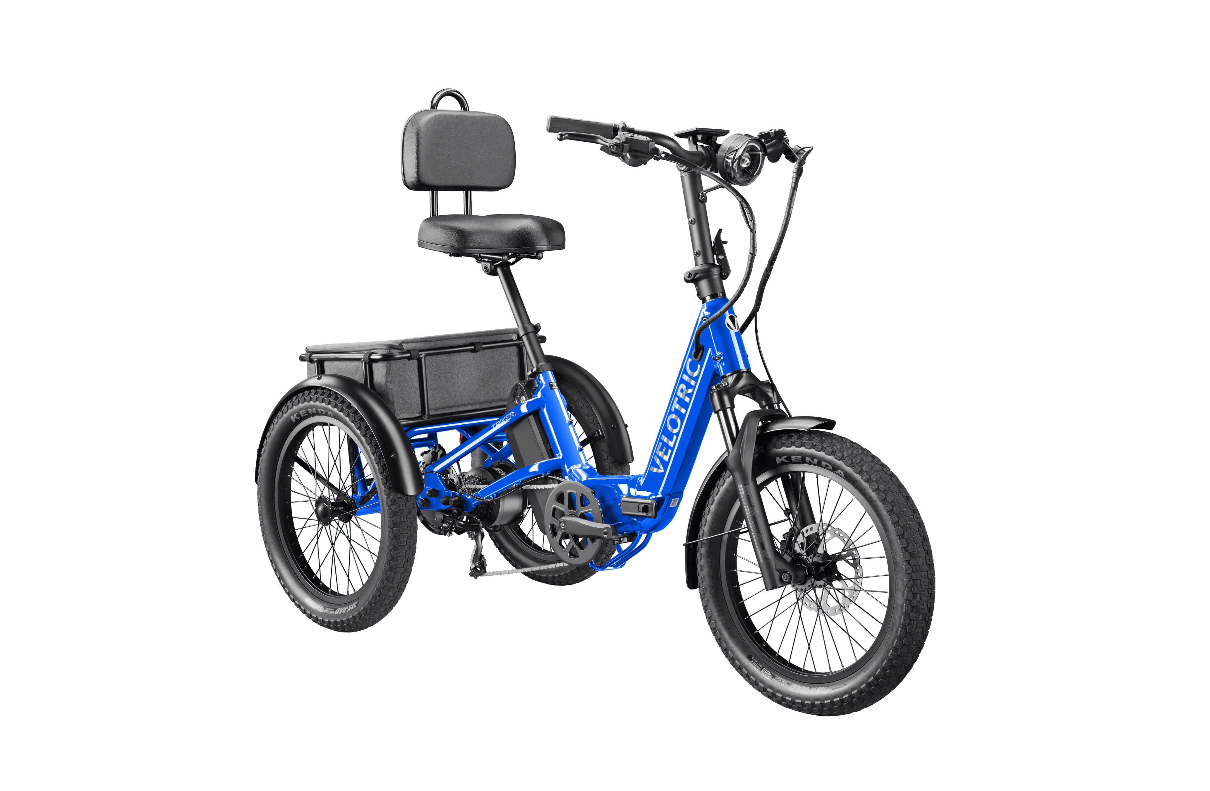 Blue electric tricycle with a seat on a white background