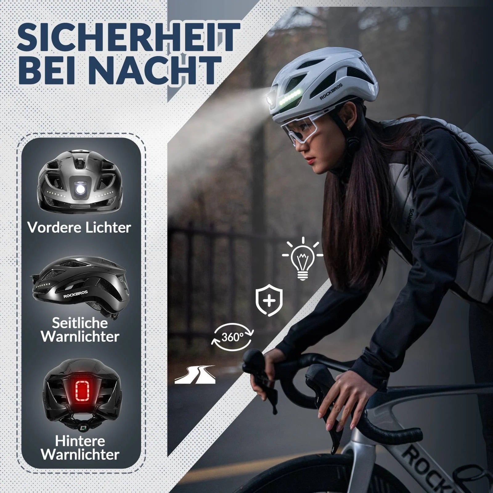 Person riding a bicycle at night with safety lights displayed on the left side.
