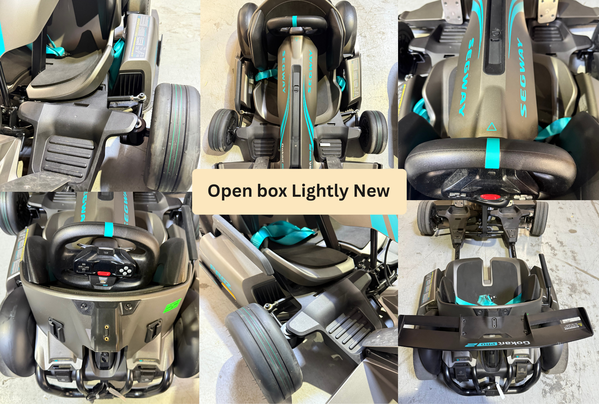 Collage of a golf cart seat with 'Open box Lightly New' label.