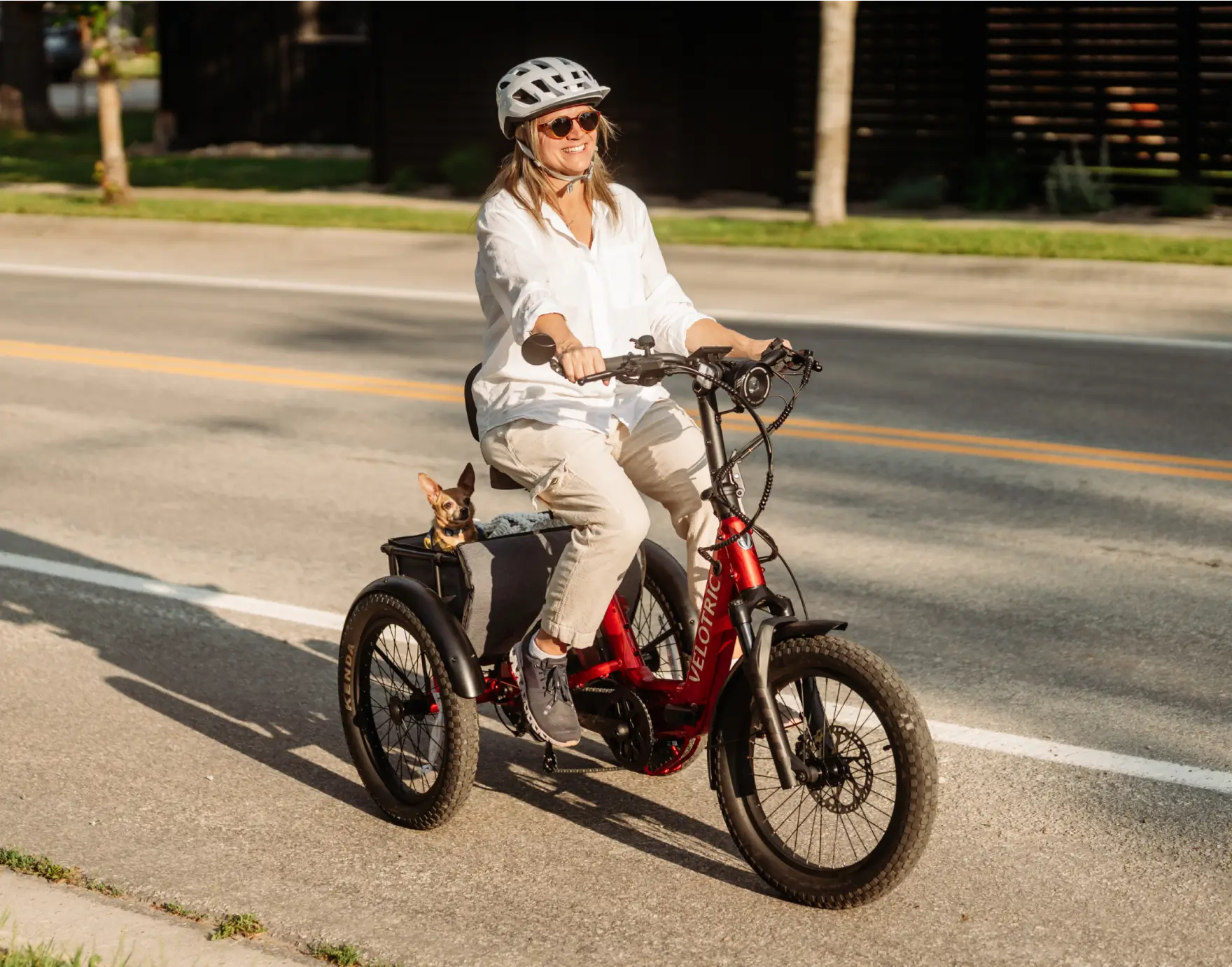 Person riding a red electric bike with a dog in a basket on a city street.