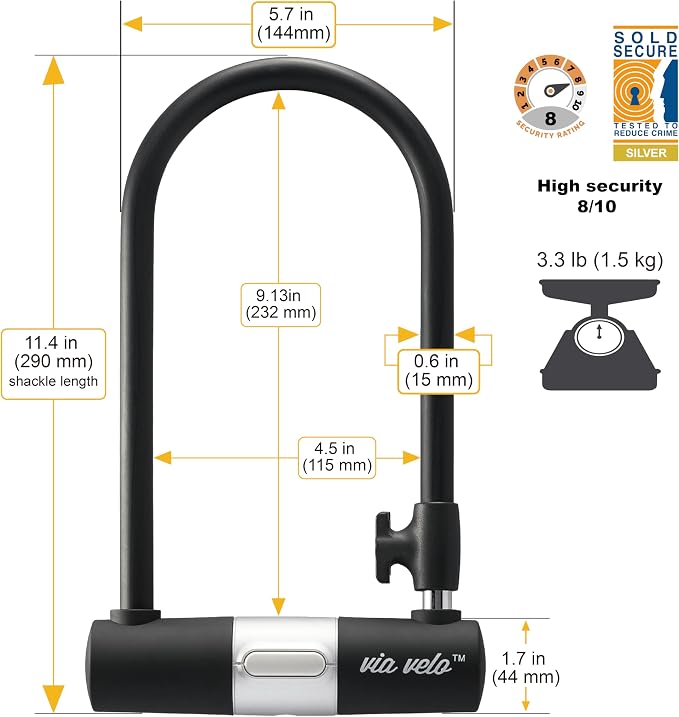 Via Velo Heavy-Duty U-Lock with Cable & 2 Keys