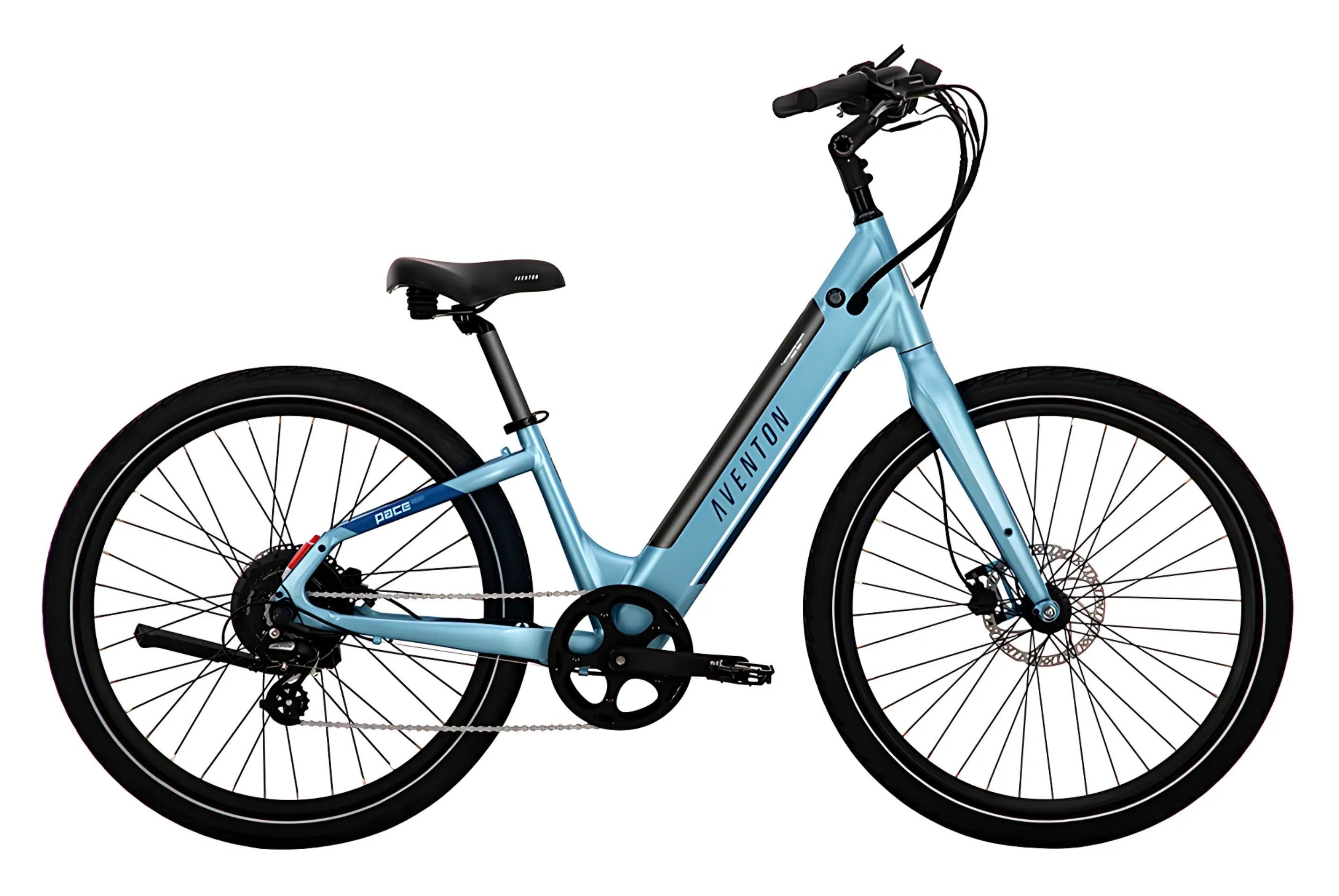 Light blue electric bicycle on a white background