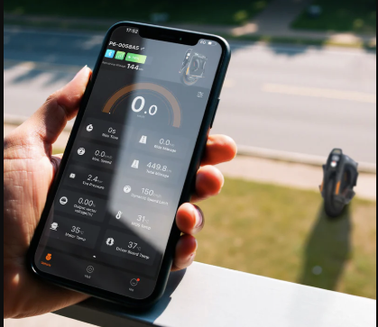 Person holding a smartphone with a cycling app displayed, outdoors.