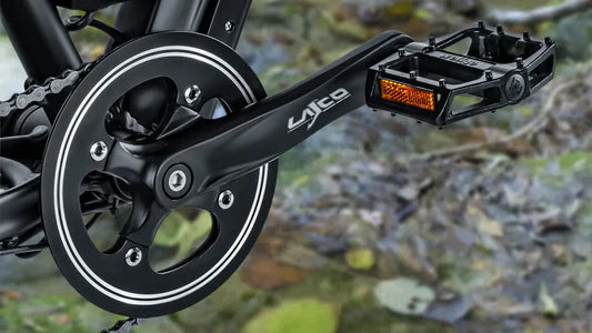 Close-up of a bicycle pedal and chain mechanism with a blurred natural background