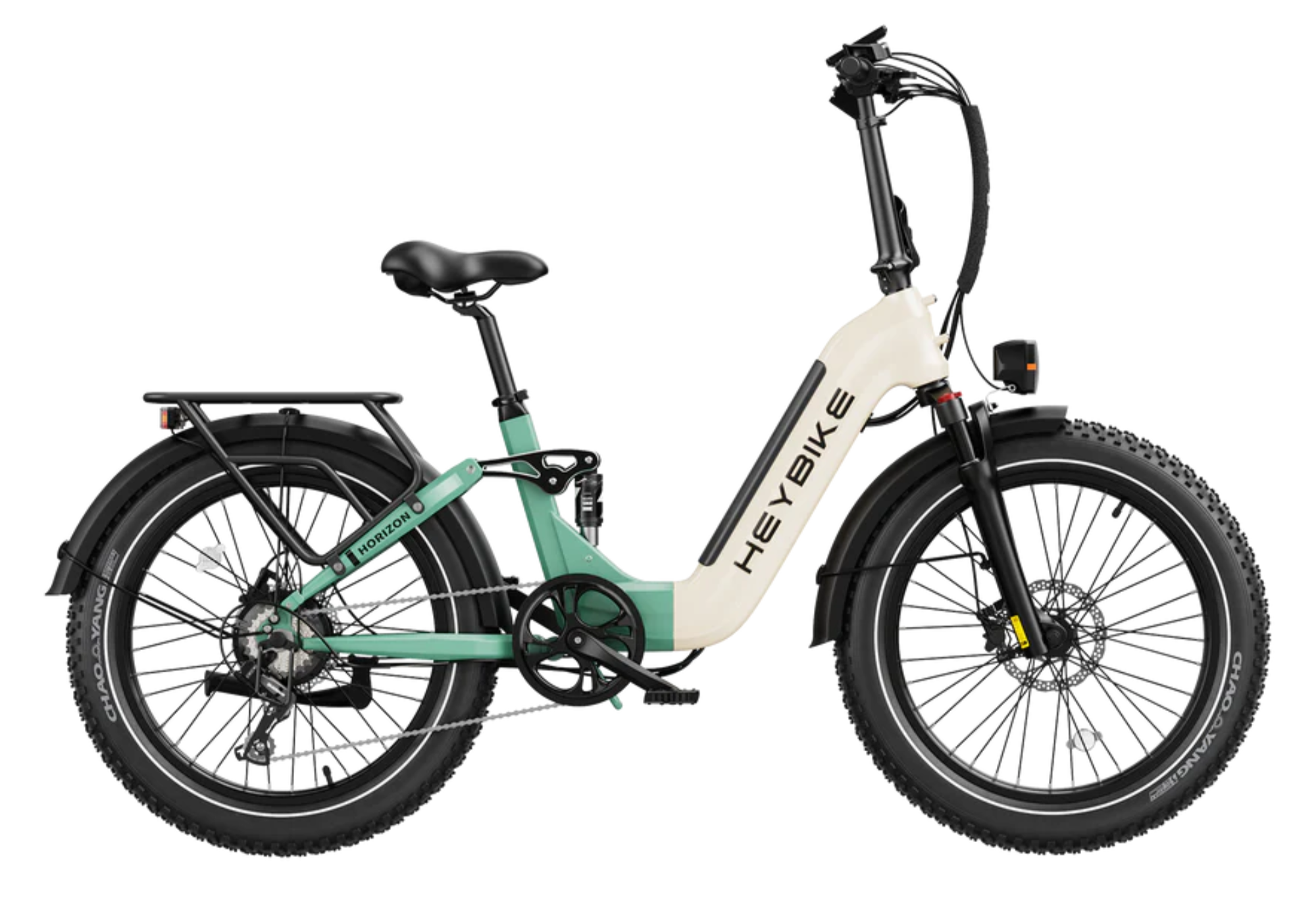 Electric bike with a white and green frame on a white background