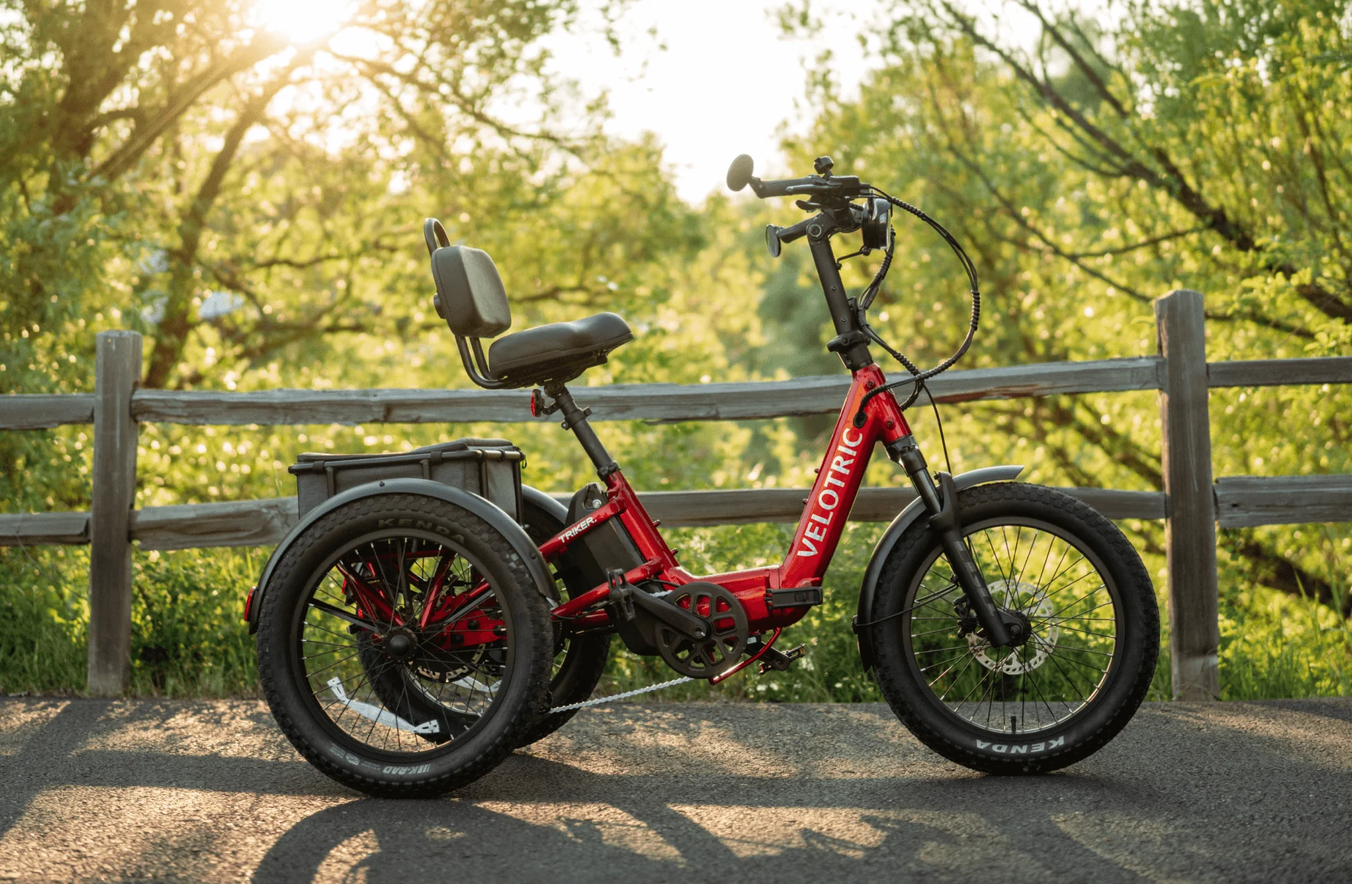 Red electric tricycle parked on a path with greenery in the background