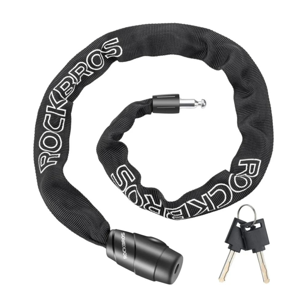 Black chain lock with keys on a white background, featuring the brand 'RockBros'.