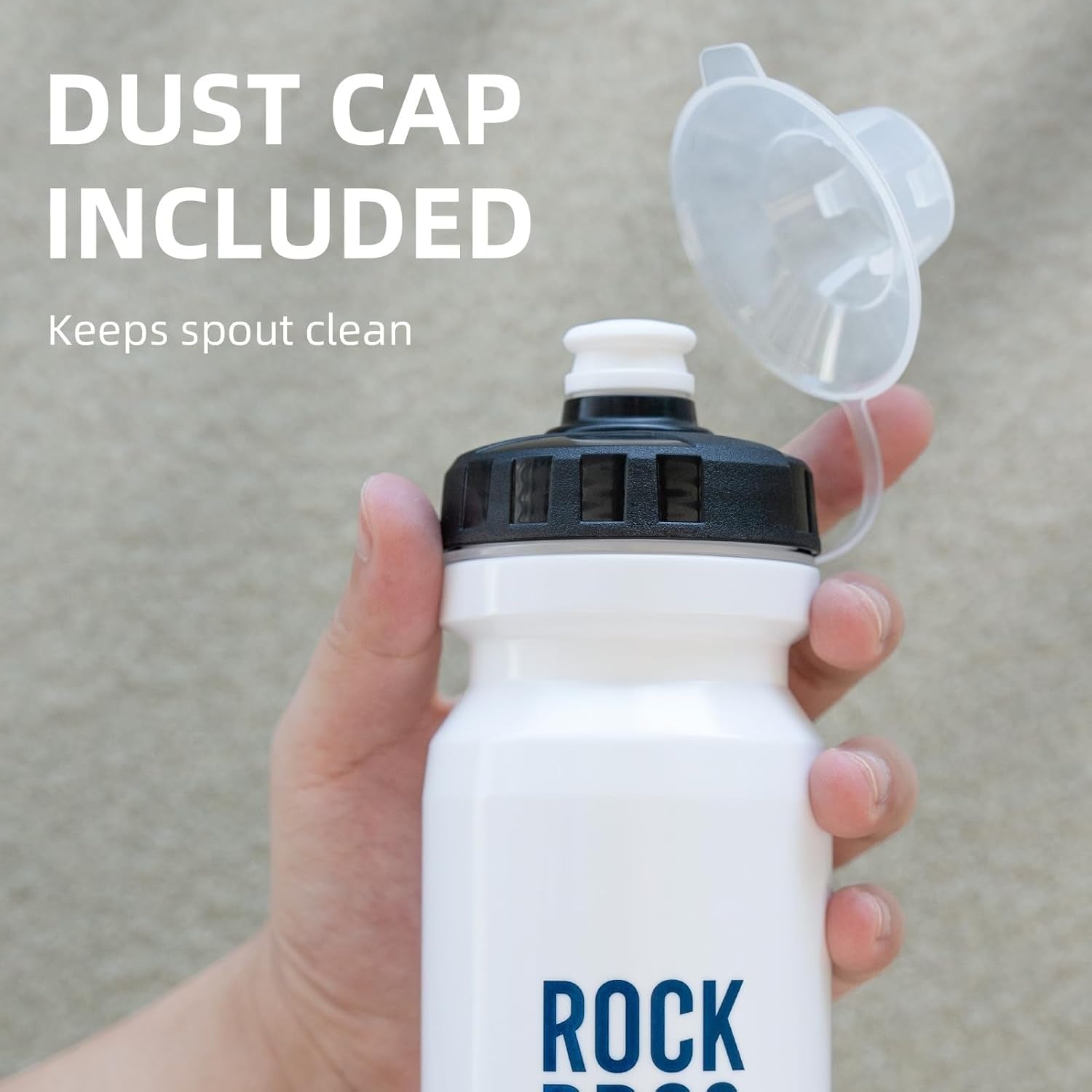 White water bottle with black cap held by a hand, featuring text 'DUST CAP INCLUDED' and 'Keeps spout clean'.