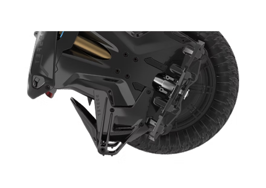 Close-up of a black scooter wheel and suspension system on a white background
