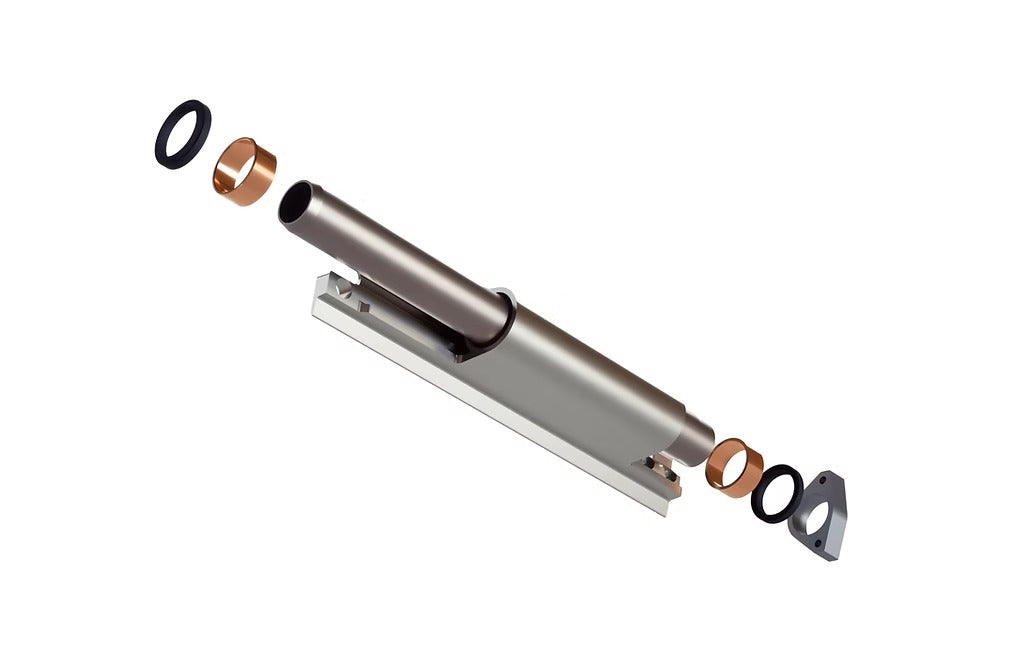 Metallic component with various parts on a white background