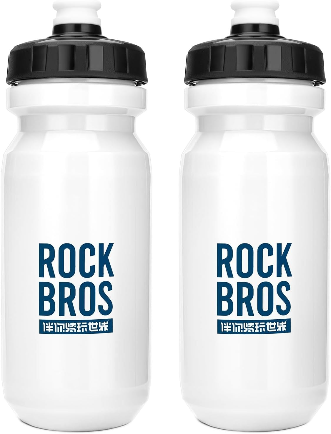 Two white water bottles with black lids and 'Rock Bros' branding on a white background