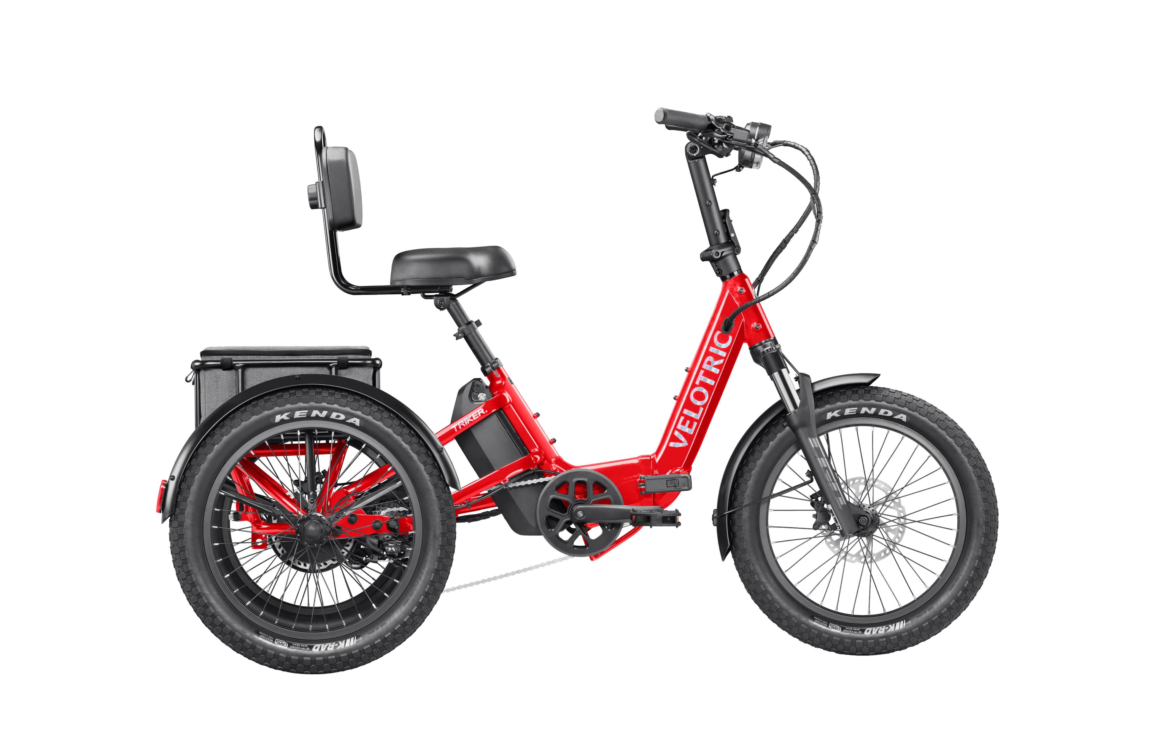 Red electric tricycle with a seat on a white background