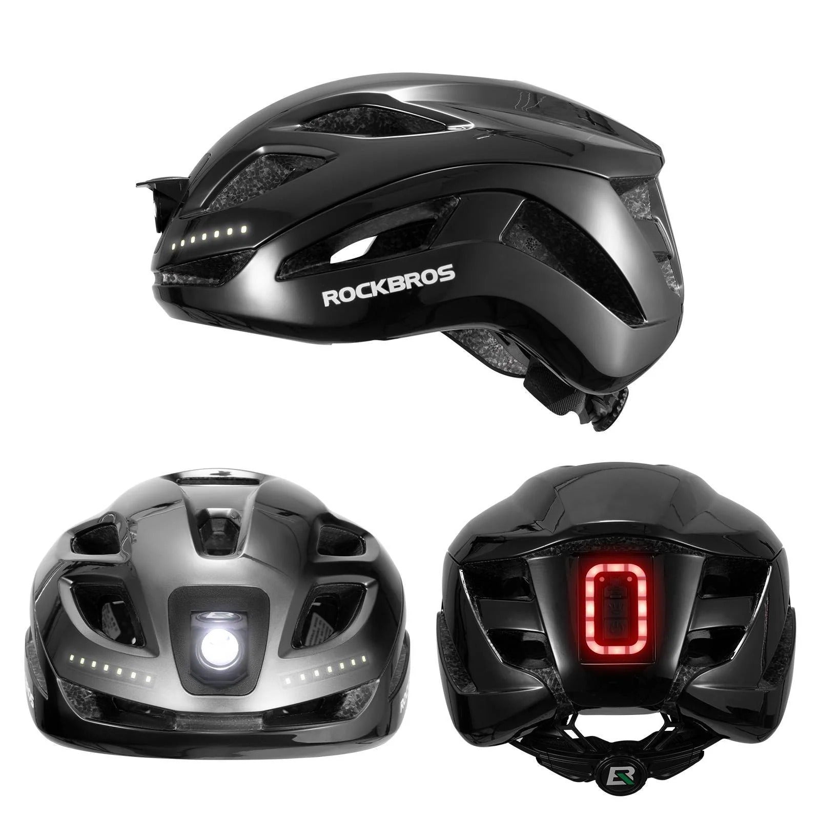Three different black bicycle helmets with visible branding on a white background